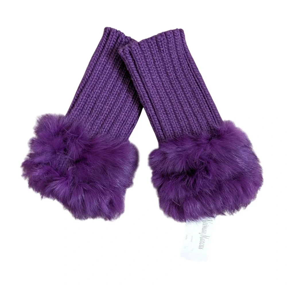 Jocelyn Purple Real Rabbit Fur Trim Ribbed Knit Fingerless Gloves Arm Warmers OS